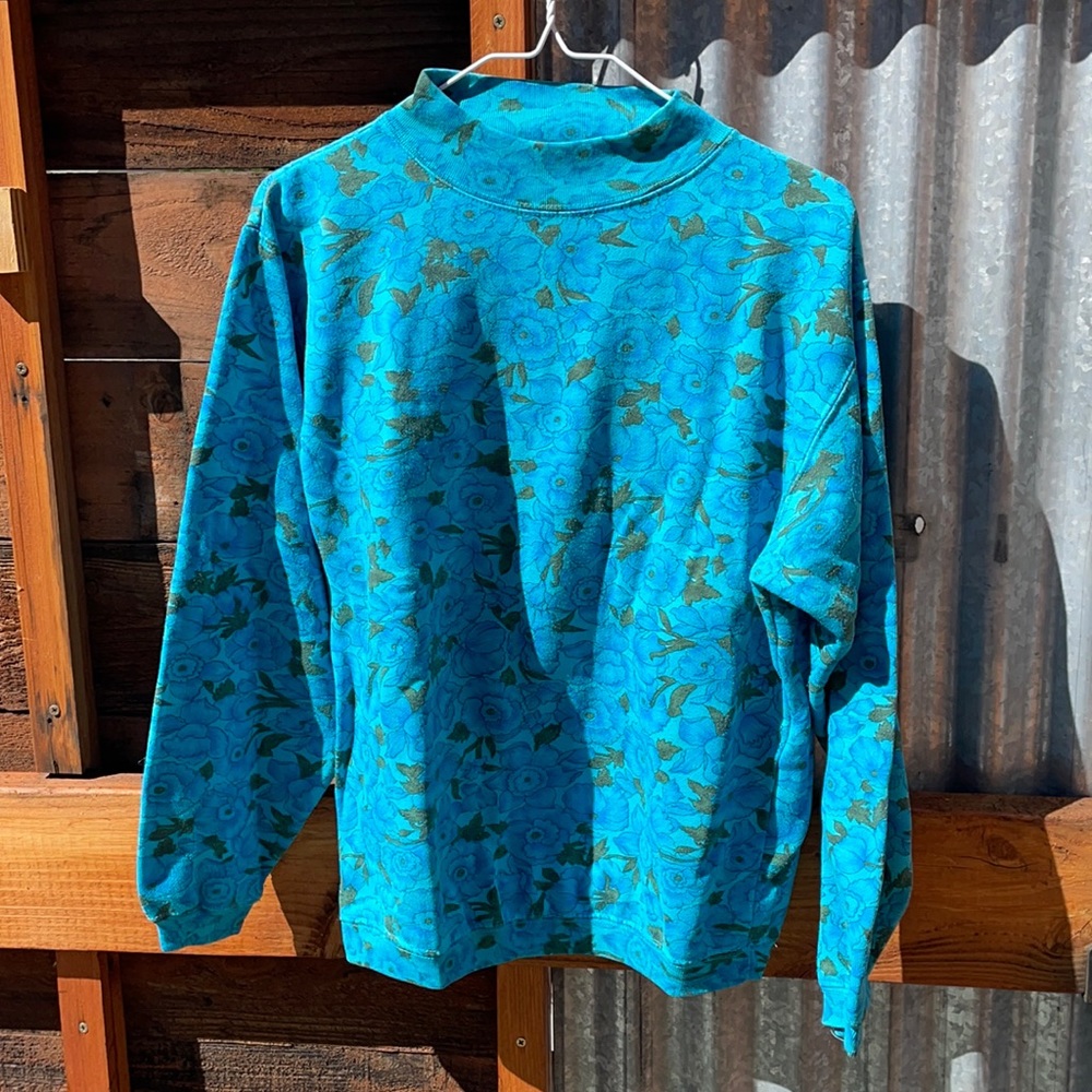 Vintage 90's Memphis Jones Blue Funnel Neck Floral Sweatshirt